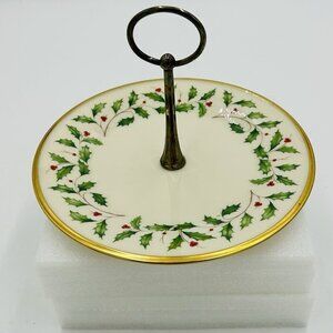 Lenox Holiday Holly Berry Center Handle 8" Server Tidbit Tray USA